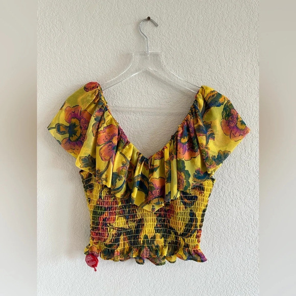 NWT MISA Los Angeles Cara Floral-Print Ruffle Smocked Top in Grand Canary Yellow - Picture 5 of 14